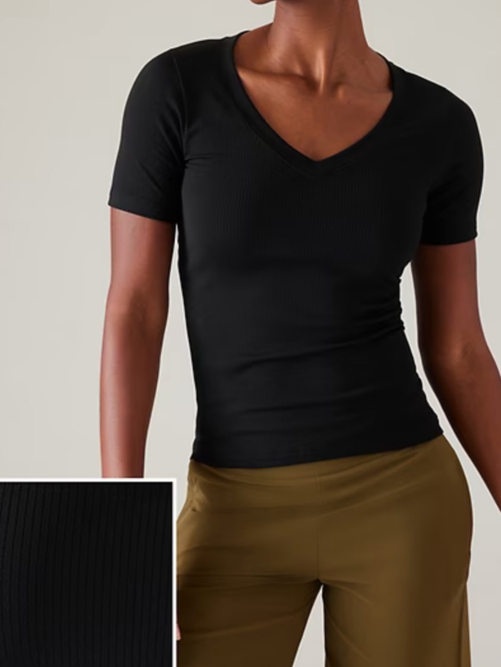 Athleta Black Ribbed Renew V-Neck Tee